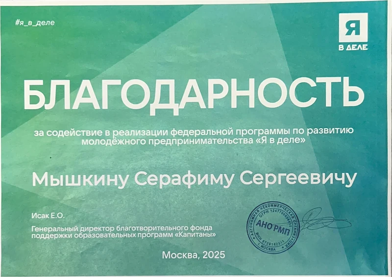 Благодарность: Программа «Я в деле» (2025)